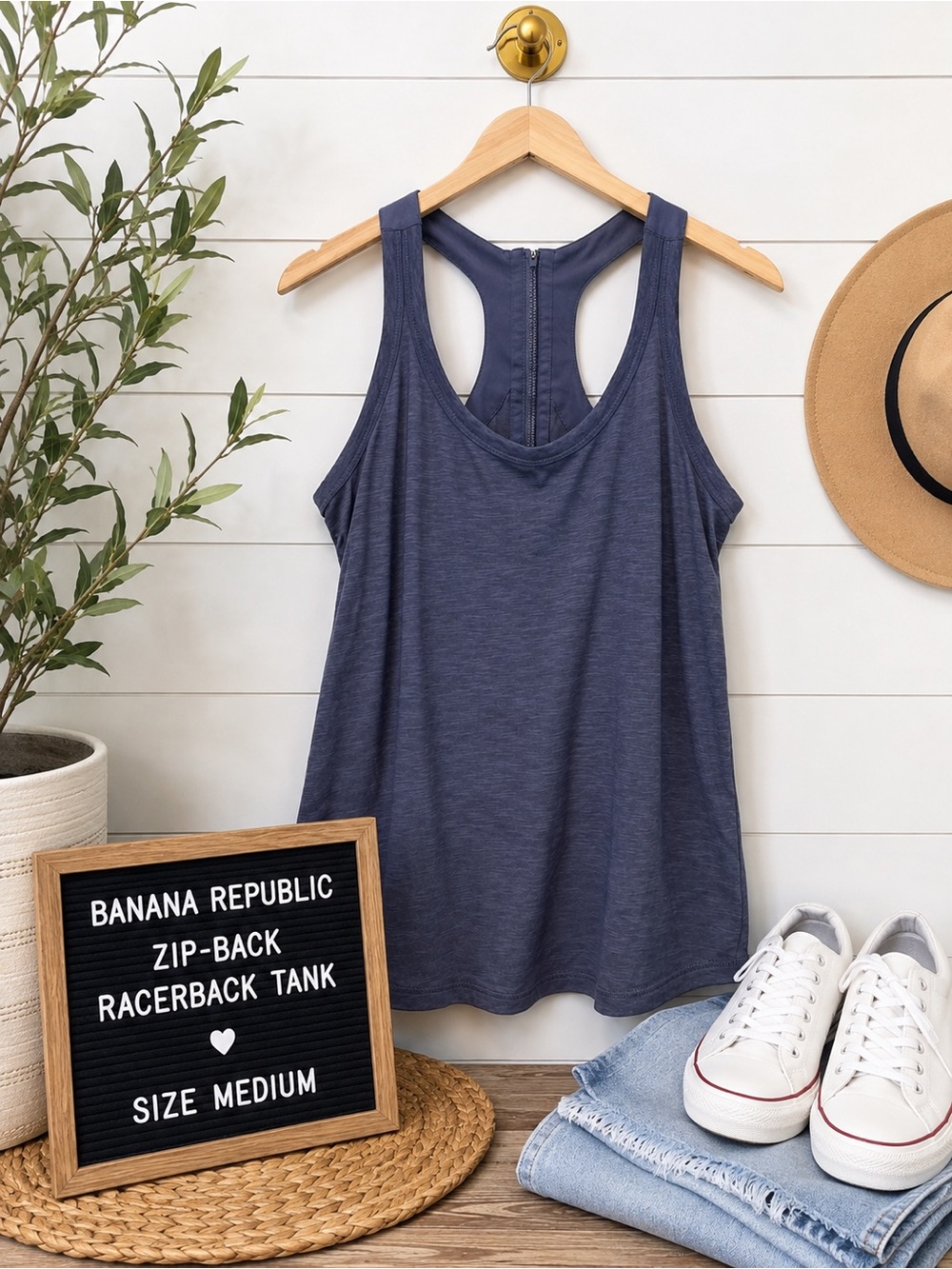 💙 Banana Republic Zip-Back Racerback Tank Top Blue Size M